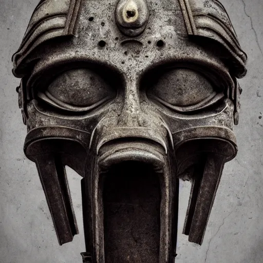 Prompt: a painting of an ominous dark ancient mask. worn out photography. sepia. cracks. hyper - detailed. gothic steampunk. medieval baroque. symmetric. epic. hyper - realistic. unreal render.