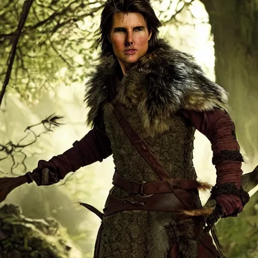 Prompt: medieval fantasy half length d & d portrait photo of tom cruise as a d & d woodland druid shapechanging into a dire wolf, photo by philip - daniel ducasse and yasuhiro wakabayashi and jody rogac and roger deakins