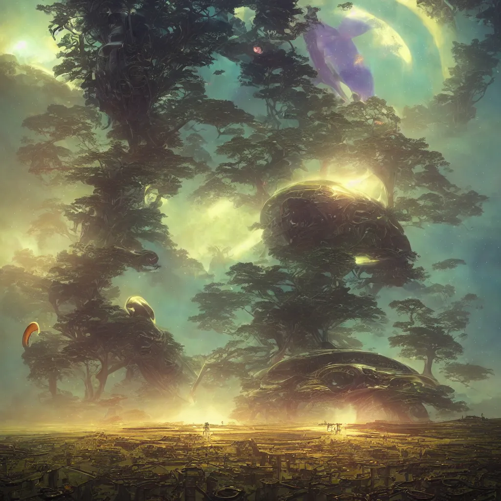 Prompt: Enormous hornbill-headed Thoth droids overseeing human habitation of a beautiful planet with vast trees and massive moons looming in psychedelic skies in a distant galaxy. Moebius, Noah Bradley, hiroshi yoshida, Dan mcpharlin, Peter Mohrbacher, Druillet, epic composition, sparkling light, vivid,bright