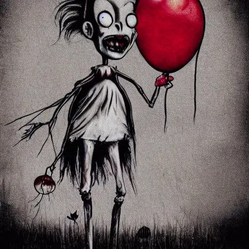 Prompt: grunge painting of bug bunny with a wide smile and a red balloon by tim burton, loony toons style, pennywise style, corpse bride style, rick and morty style, creepy lighting, horror theme, detailed, elegant, intricate, conceptual, volumetric light