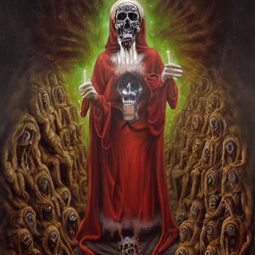Image similar to santa muerte being awakened by a mexican death cult through a ritual, by anton semenov and amanda sage and guillermo del torro in a surreal dark horror style, oil on canvas, 8k, hd,