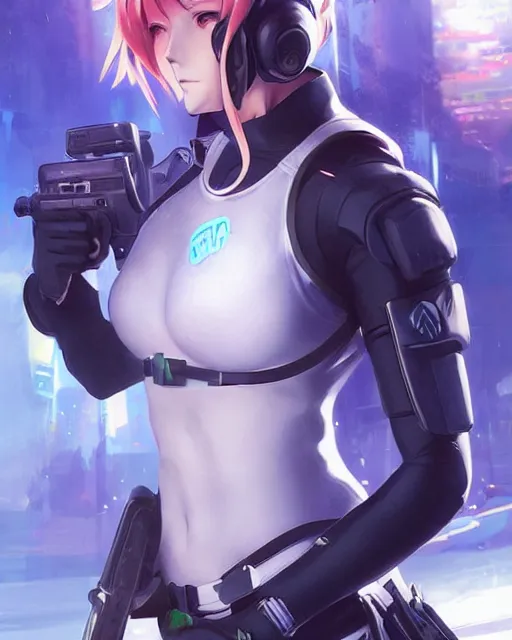 Image similar to nami, anime key visual of a young female swat officer, neon, cyberpunk, futuristic, white clothing, black vest, swat helmet, stunning, highly detailed, digital painting, smooth, soft focus, illustration, 4 k digital art from artstation by artgerm and greg rutkowski and alphonse mucha