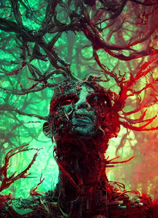 Image similar to a mad small psychedelic surreal horror cyborg in the chaotic spirit forest, bizarre conceptual art, filmic, fulcolor octane render, 1 6 k 4 d, cinematic, ultra - realistic