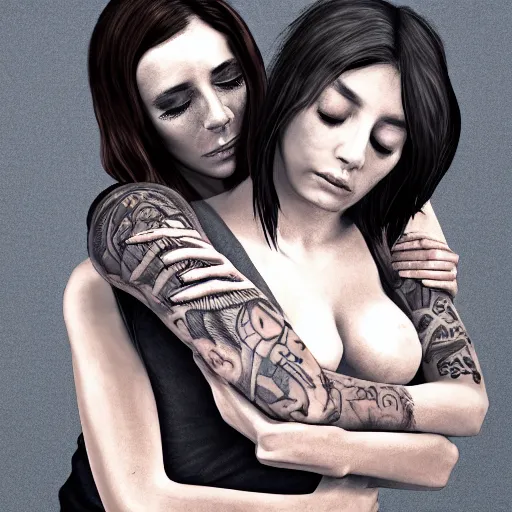Prompt: Hot young woman, grey skin, void eyeballs, tattoos, wearing a leather jacket, hugging a shrouded man as they cry on her chest, comforting, touching, wholesome, digital art, concept art, unreal engine 5, watercolour, big sister, little brother, realistic, 4k, 8k