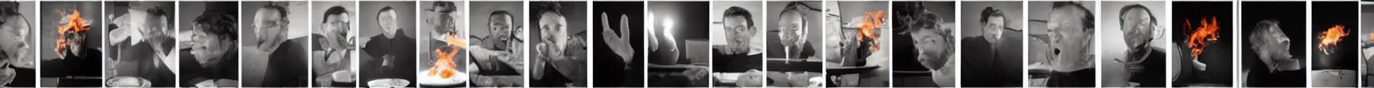 Image similar to 8 progressing consistent frames from a video of a man talking while a fire is behind him