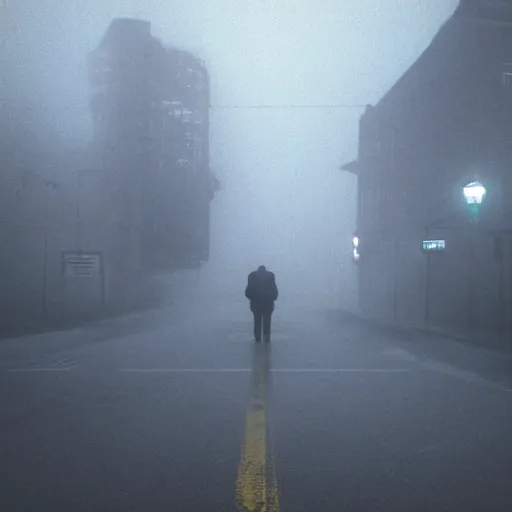 Image similar to ghost on a foggy night streer with neon streetlights like Silent Hill screenshot