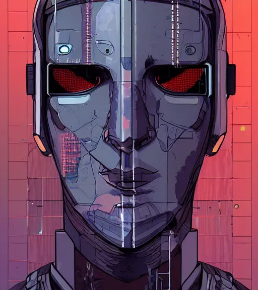 Image similar to a cyberpunk man with multiple digital patchwork faces, techwear, Industrial Scifi, detailed illustration, character portrait, by Martin Grip and Moebius