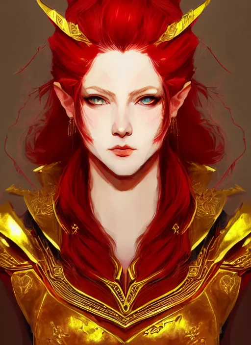 Image similar to Half body portrait of a handsome young red haired elven princess warrior wearing red and gold ornate leather armour and golden tiara. In style of Yoji Shinkawa and Hyung-tae Kim, trending on ArtStation, dark fantasy, great composition, concept art, highly detailed.