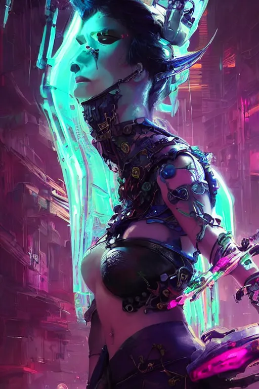 Image similar to morgana from league of legends, cyberpunk futuristic neon. veins and living pipes everywhere, decorated with traditional japanese ornaments by ismail inceoglu dragan bibin hans thoma greg rutkowski alexandros pyromallis nekro rene maritte illustrated, perfect face, fine details, realistic shaded, fine - face, pretty face, masterpiece