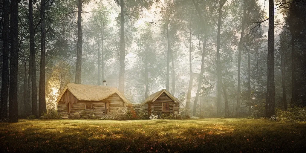 Image similar to a cottage in the woods and empty woods, 8k, fantasy, hyper realistic, dramatic lighting, cinematic