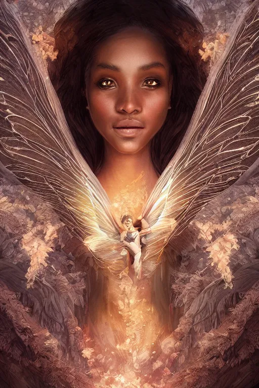 Image similar to a beautiful winged fairy portrait with brown skin, insanely detailed and intricate, flying in a beautiful alien forrest, deep in the woods, glowing floating particles, matte painting, cinematic art by ross tran, Trending on artstation, artstationHD, artstationHQ, 4k, 8k