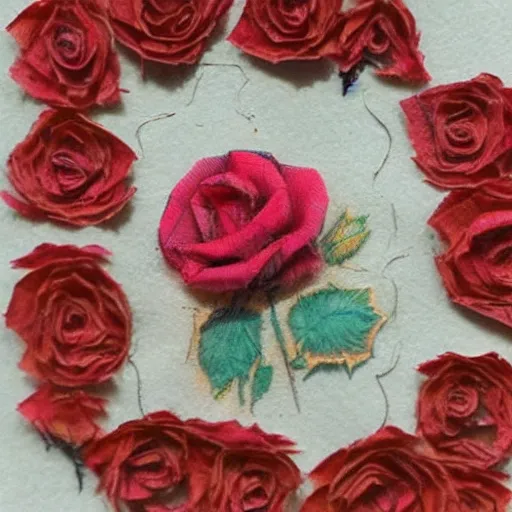 Image similar to photo of an intricately detailed representation of a accurate rose. Colored synthetic polymer blended with colored torn fabrics miniature on found newspaper.