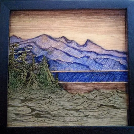 Prompt: lake surrounded by mountains (very beautiful, dreamy, poetic, melancholy ) :: pyrography