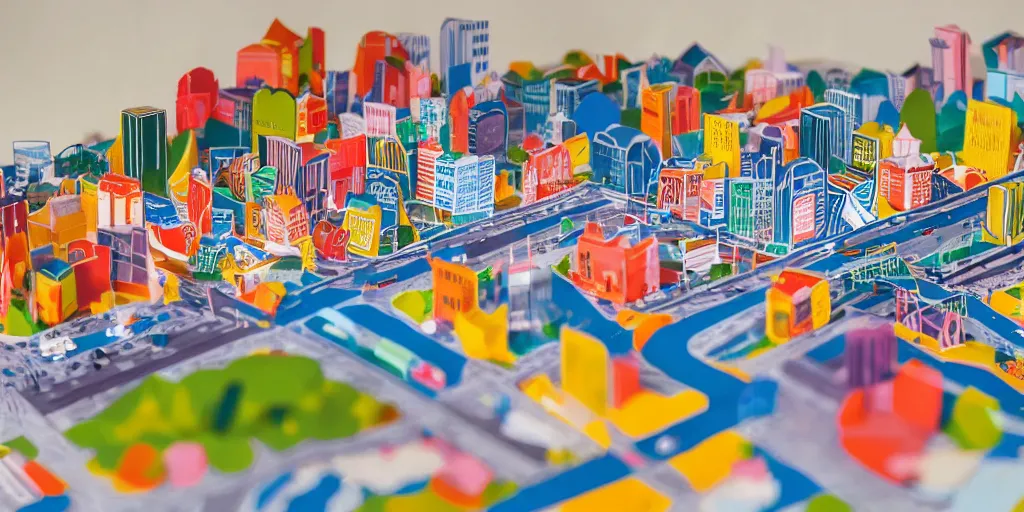 Image similar to paper craft diorama of a colorful city with people and cars