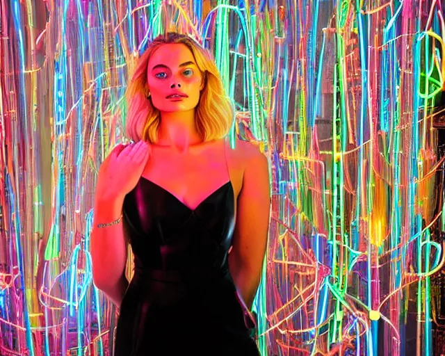 Prompt: neon sculpture of margot robbie, hyper detailed, award winning