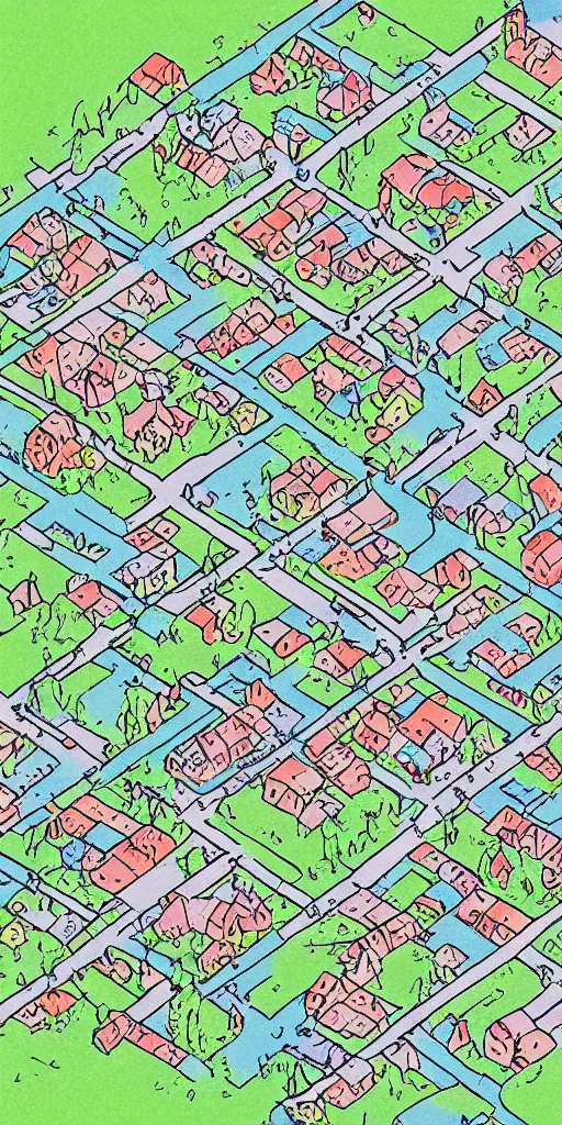 Image similar to simplistic town layout, art by allixander maps, acrylic drawing, fantasy, world, bright, clear, simple, sharpened