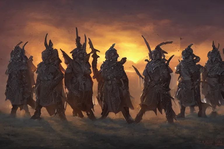 Prompt: our warriors once stood shoulder to shoulder for the protection of all odrua. ashigaru warriors in formation shields armor. sunset lighting hopeful, cinematic fantasy painting, dungeons and dragons, jessica rossier and brian froud