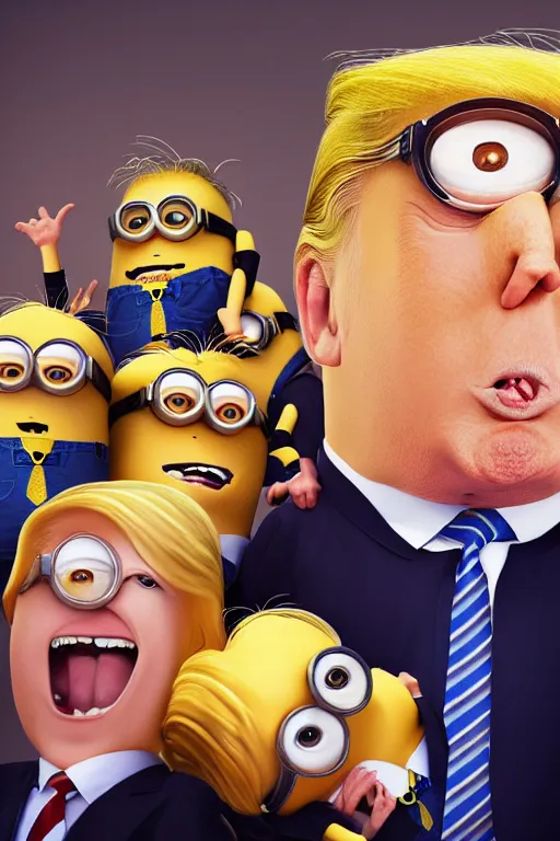 Image similar to trump as a minion, blond hair, riot background oil on canvas, intricate, portrait, 8 k highly professionally detailed, hdr, cgsociety