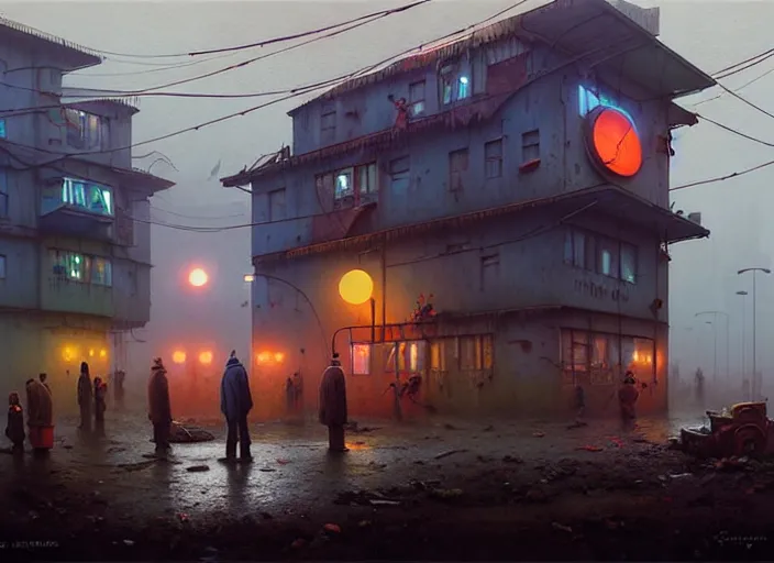 Prompt: waiting in line birthday cake, by simon stalenhag and gil elvgren and tom bagshaw and marc simonetti and quint buchholz and jan miense molenaer, slums, highly detailed, hyperrealism, dreary, cold, cloudy, grey, smog, high contrast, solarpunk, high saturation