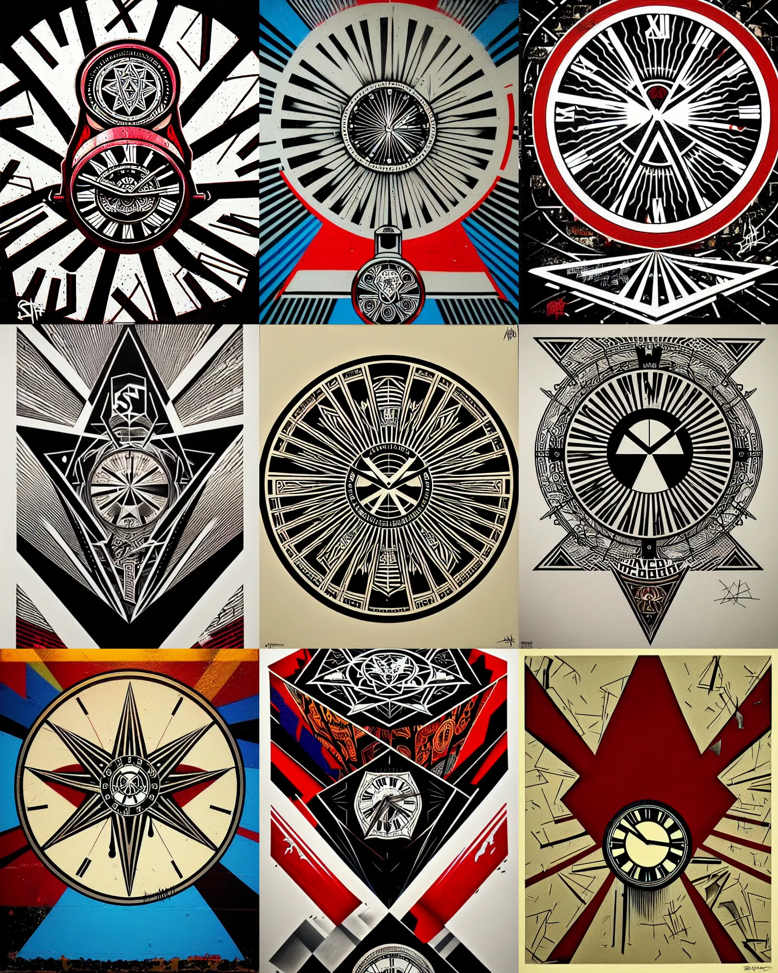 Prompt: shards of time, graffiti, highly detailed, simple, no jagged lines, smooth, artstation, centered artwork by shepard fairey