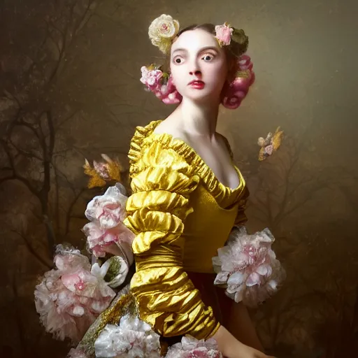 Image similar to 8k, octane render, realism, tonalism, renaissance, rococo, baroque, portrait of a young lady wearing ruffle sleeve dress with flowers and skulls looking to the side background chaotic gold leaf flowers