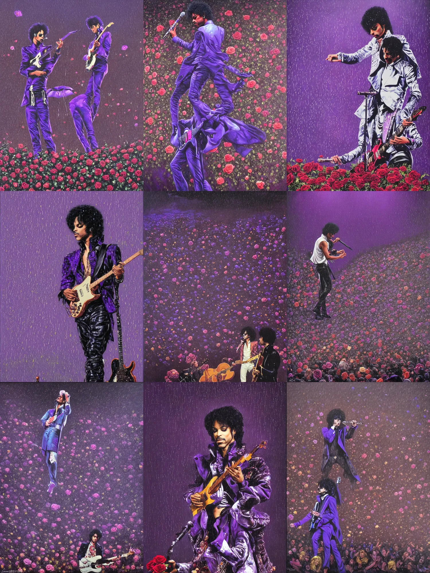 Prompt: prince playing purple rain to a very large audience in the rain, photorealistic painting by james jean and jean giraud, low light, beautiful atmosphere with a very large crowd being emotionally involved, very rainy, some roses and floral decoration on stage, ornamental