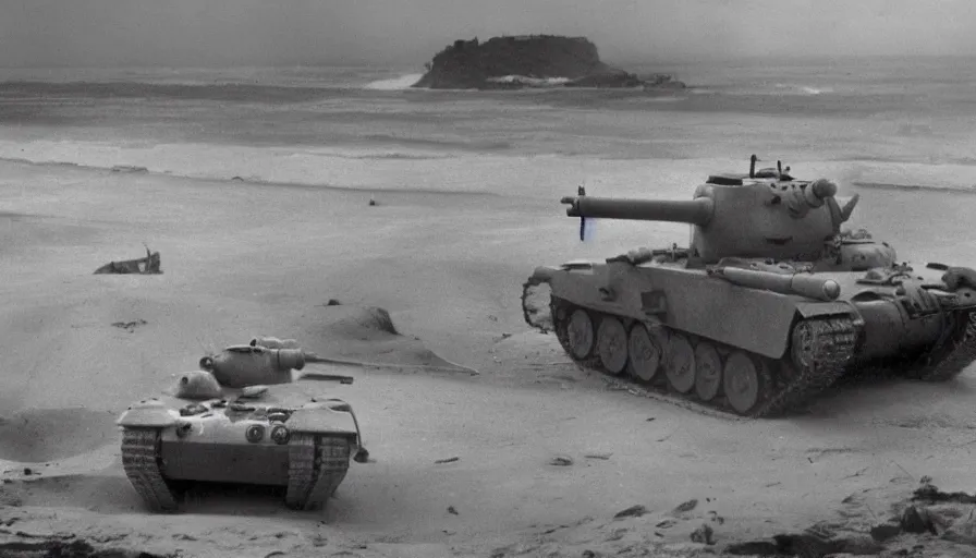 Image similar to old black and white 4 0's photos of world war 2 showing tanks with laser canons on omaha beach, hyperdetailed, artstation, cgsociety, 8 k