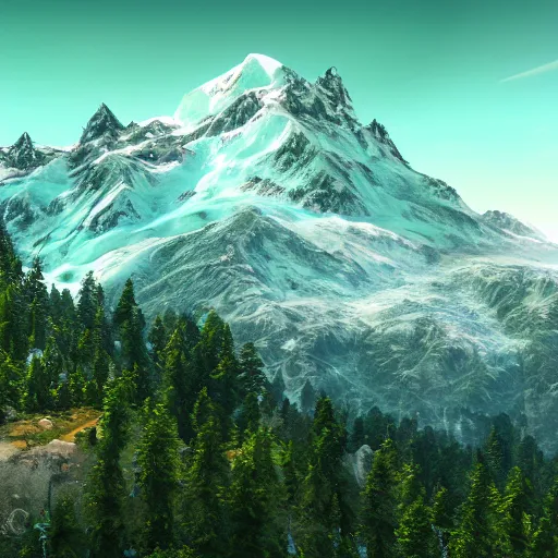 Image similar to epic mountain view, monumental mountains, green valleys with trees, glacier, digital painting, realistic render, 4k, 8k, photography, unreal engine