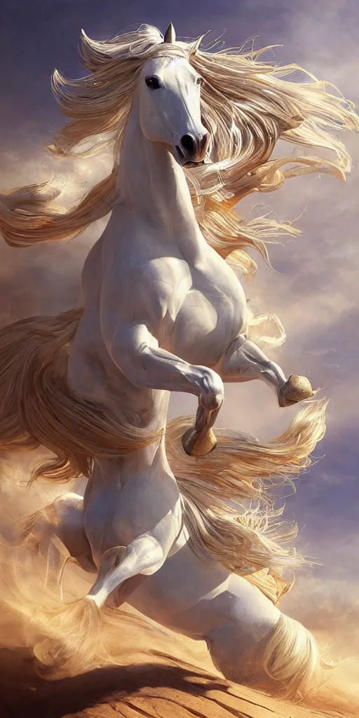 Prompt: a white horse run in a desert, direct sunlight, gold pieces, shiny gold, glowing, vivid, detailed painting, by Ross Tran, WLOP, artgerm and James Jean, masterpiece, award winning painting,