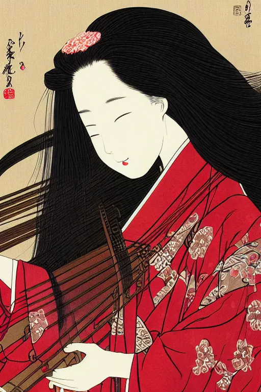 Image similar to portrait of a long haired woman wearing a red kimono playing a biwa in traditional japanese house, delicate, detailed long black hair, detailed flower pattern kimono, elegant, anime key visual, fukaya yuichiro