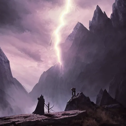 Prompt: lightning mage in skyrim with black robes and a beard, sunny day, mountains, 4 k, by greg rutkowski