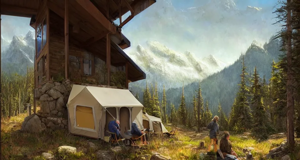 Image similar to cabela's beautiful comfortable self contained modular insulated wall container home kit - house all weather family dwelling tent house, person in foreground, mountainous forested wilderness open fields, beautiful views, painterly concept art, environmental concept art, concept art illustration, by james gurney, by craig mullins, by greg rutkowski trending on artstation