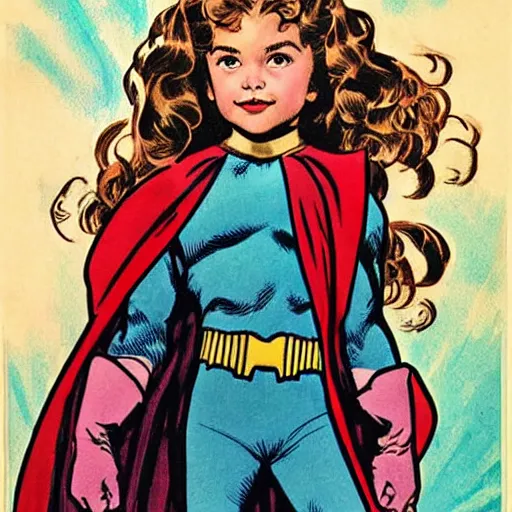 Image similar to a little girl with a mischievous face and light brown curly wavy hair. she is dressed as captain america, spider - man, batman, captain marvel, a superhero. well composed, clean elegant painting, beautiful detailed face. by steve ditko and jack kirby and alphonse mucha