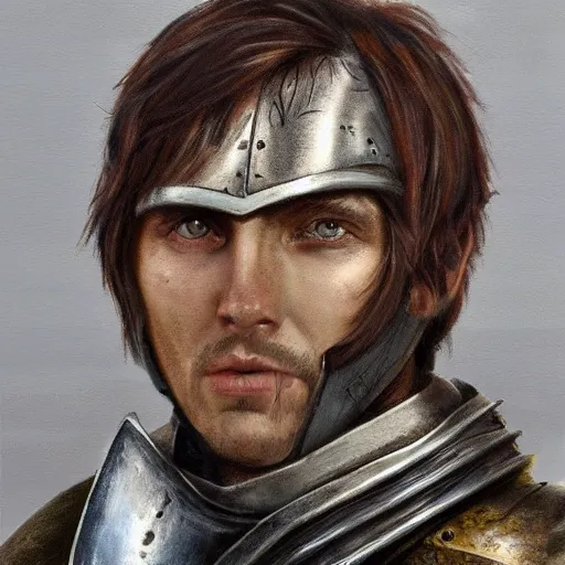 Image similar to realistic painting character portrait young scarred captain knight with a steel breastplate, short brown hair and stubble. straight nose, brown eyes, lean face and build. holding a longsword with a longbow on his back. hyper detailed