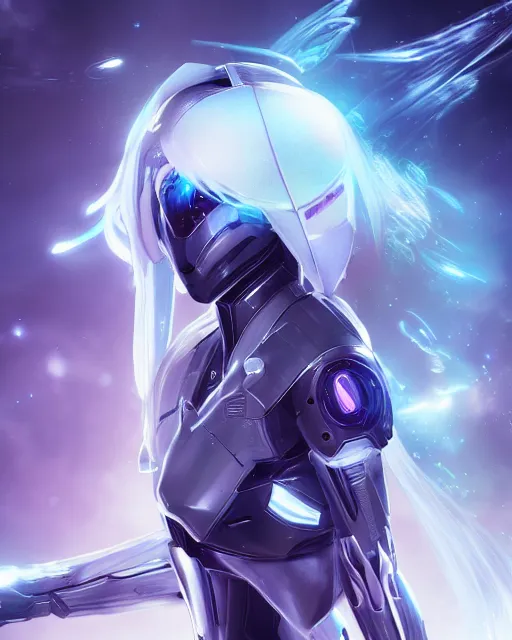 Image similar to perfect android girl on a mothership, warframe armor, beautiful face, scifi, futuristic, galaxy, nebula, raytracing, dreamy, long white hair, blue cyborg eyes, sharp focus, cinematic lighting, highly detailed, artstation, divine, by gauthier leblanc, kazuya takahashi, huifeng huang