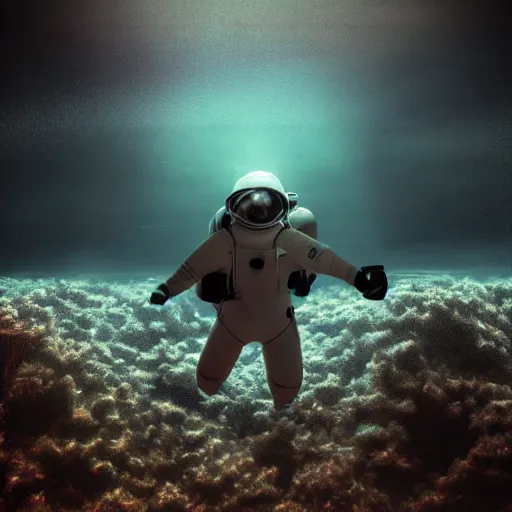 Image similar to infrared concept art diver astronaut in underwater futuristic dark and empty spaceship. complex and hyperdetailed technical suit design. reflection material. rays and dispersion of light breaking through the deep water. 3 5 mm, f / 3 2. noise film photo. flash photography. trend artstation