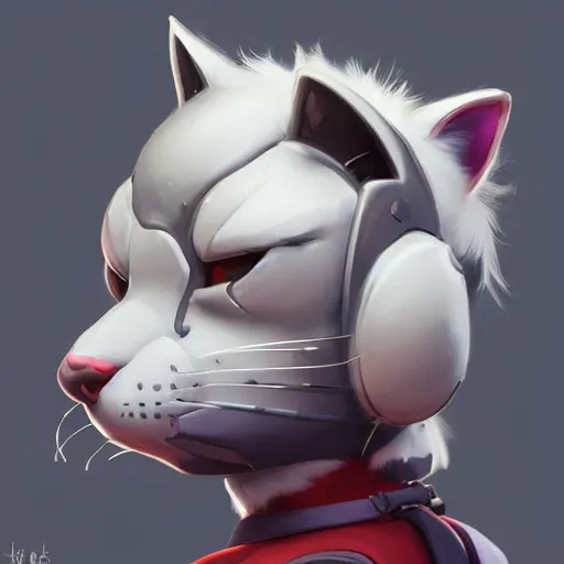 Image similar to Portrait painting an anthropomorphic Gray cat wearing a jacket and a collar, as an Overwatch character, medium shot, asymmetrical, profile picture, Organic Painting, sunny day, Matte Painting, bold shapes, hard edges, street art, trending on artstation, by Huang Guangjian and Gil Elvgren and Sachin Teng