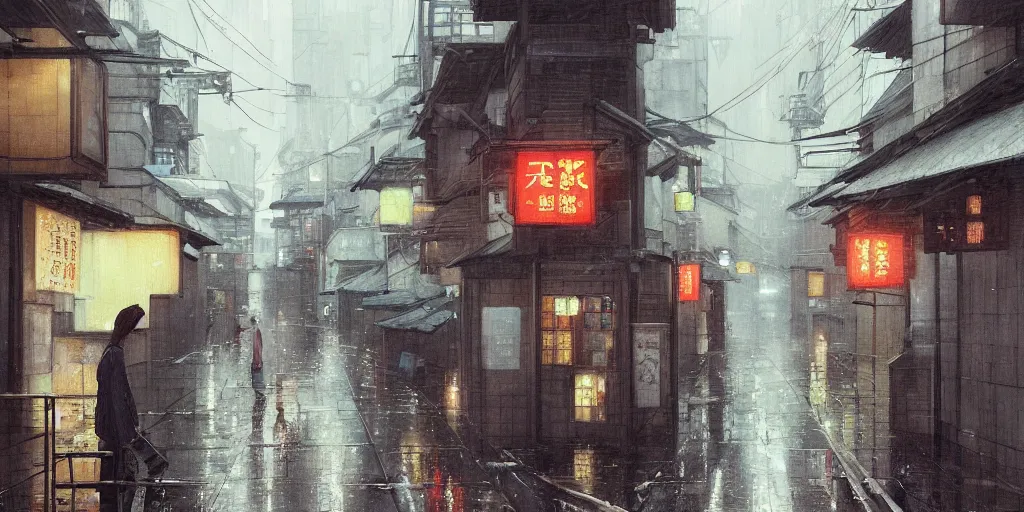 Image similar to a painting of a rain soaked back street in osaka, digital art, trending on artstation, by studio ghibli and greg rutkowski. spirited away. trending on artstation, hyperrealism, unreal engine