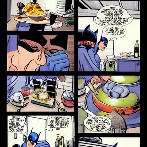 Image similar to batman cooking with a wok pan in a cozy french kitchen, comic book style