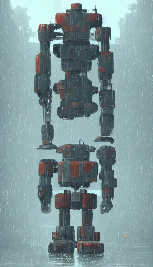 Prompt: a giant broken robot cooling down in rain, water droplets, rustic, dormant, nearby, sharp focus, james gilleard, cinematic, game art, extremely detailed digital painting, print