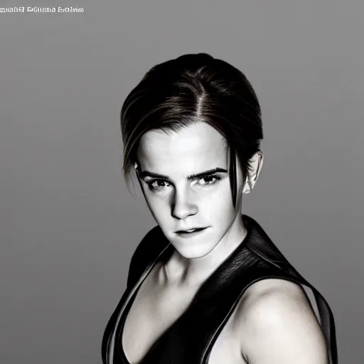Image similar to Emma Watson in a black leather suit, octane render