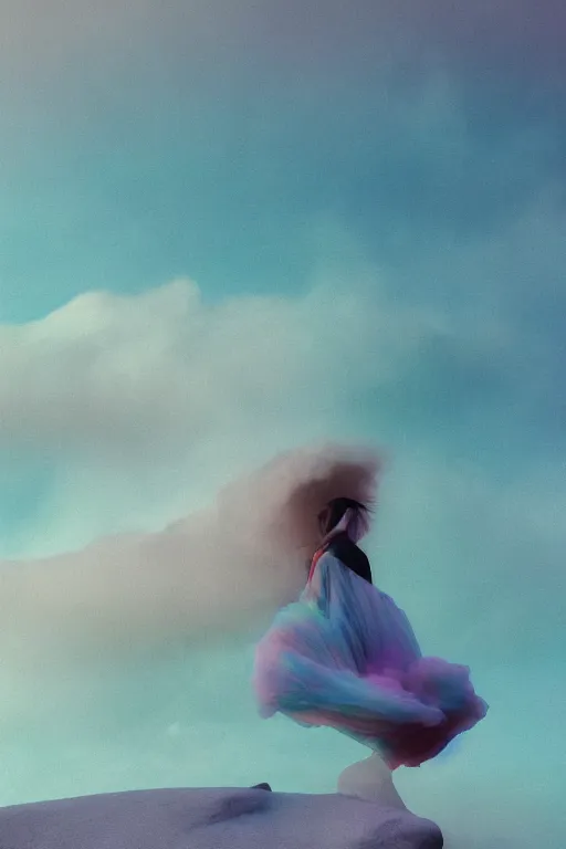 Image similar to high quality pastel coloured film close up wide angle photograph of a model wearing clothing swimming on cloud furniture in a icelandic black rock!! environment in a partially haze filled dreamstate world. three point light, rainbow. photographic production. art directed. pastel colours. volumetric clouds. pastel gradient overlay. waves glitch artefacts. extreme facial clarity. 8 k. filmic.