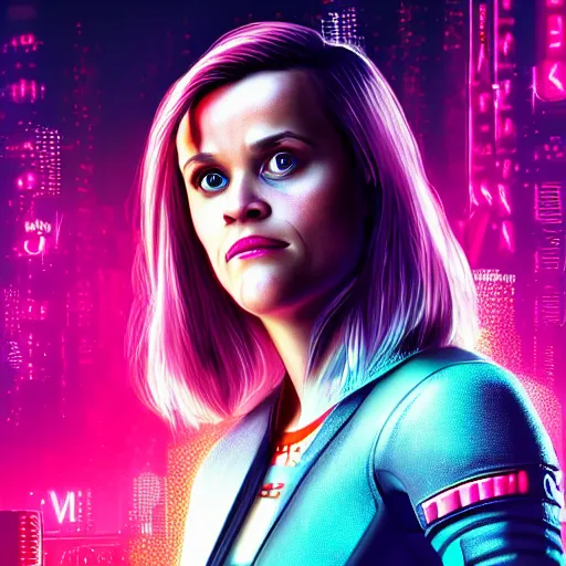 Prompt: reese witherspoon portrait, cyberpunk 2 0 7 7, cyberpunk rogue amendiares, photorealistic, ultra detailed, neon, octane, bokeh, cinematic lighting, cyber, cyberpunk city, studio quality, feature, scars, cyberface, 8 k