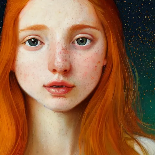 Prompt: portrait of a red haired girl, long hair, green eyes, hint of freckles, beautiful round face, soft amazed smiles, among golden fireflies, highly detailed, deep focus, elegant, digital painting, smooth, sharp focus, golden ratio, illustration, ultra realistic, 8 k, art by artemisia lomi gentileschi