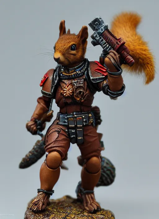 Image similar to 8 0 mm resin detailed miniature of a warhammer 4 0 k anthropomorphized squirrel warrior, product introduction photos, 4 k, full body,