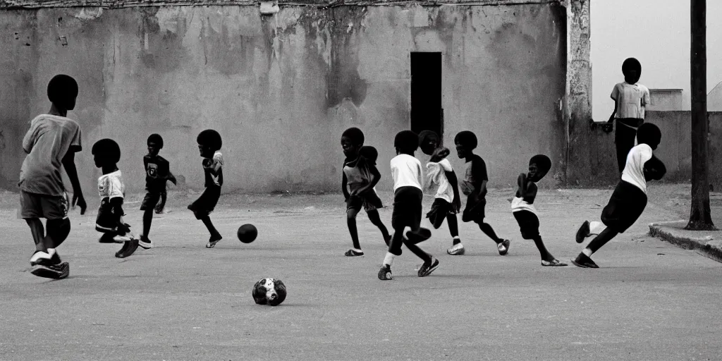 Prompt: street, black kids playing football, 1 9 8 0 s film photography, exposed b & w photography, christopher morris photography, bruce davidson photography, peter marlow photography