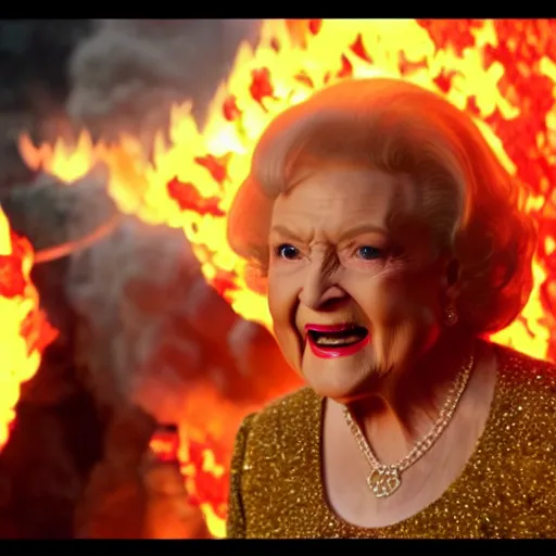 Prompt: stunning awe inspiring betty white the queen of hell surounded by fire, lava and demons, movie still 8 k hdr atmospheric lighting