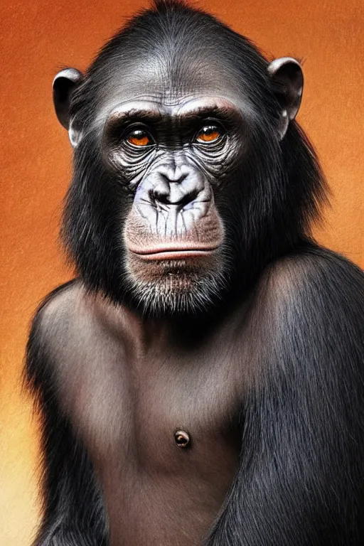 Image similar to photorealistic portrait photograph of a chimpanzee as a glorious regal space king, sleek outfit, upper body, fantasy, handsome, depth of field, soft focus, highly detailed, intricate, realistic, national geographic cover, soft glow, textured, artstation, concept art, sharp focus, illustration, art by artgerm and greg rutkowski and alphonse mucha