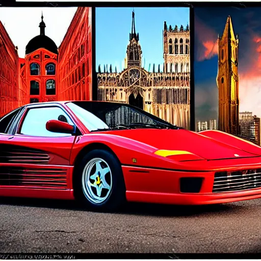 Prompt: a red ferrari testarossa in front of gothic architecture, gotham city, magazine collage style