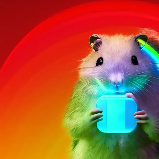 Image similar to cyberpunk hamster! holding rainbow! gem! crystal, neon lights, light reflection, 8 k, hd